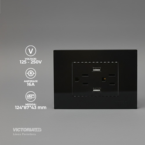 TOMACORRIENTE DOBLE + USB*2 16A 125/250V PC NEGRO 5U/C