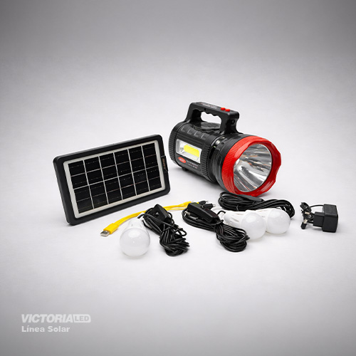 KIT SOLAR PORTATIL LINTERNA/3FOCOS3W/USB/RADIO/MP3