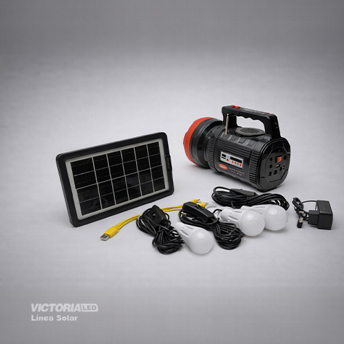 KIT SOLAR PORTATIL LINTERNA/3FOCOS3W/USB/RADIO/MP3