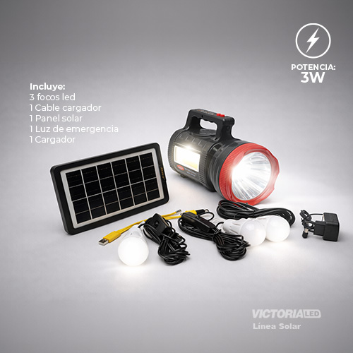KIT SOLAR PORTATIL LINTERNA/3FOCOS3W/USB/RADIO/MP3