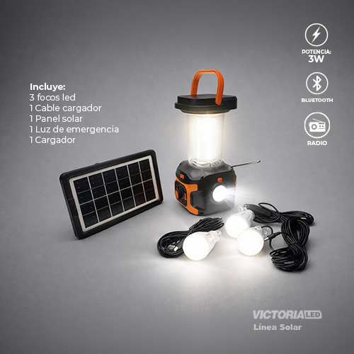 KIT SOLAR PORTATIL LINTERNA/3FOCOS3W/USB/RADIO/MP3/BLUETOOTH