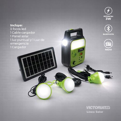KIT SOLAR PORTATIL LINTERNA/3FOCOS3W/USB/RADIO/MP3/BLUETOOTH
