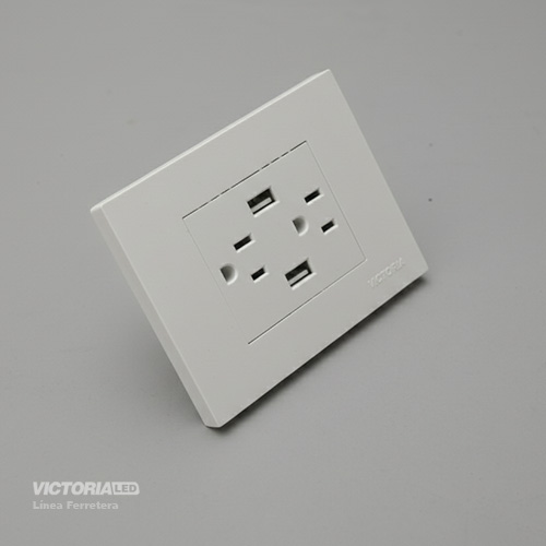 TOMACORRIENTE DOBLE + USB*2 16A 125/250V PC BLANCO 5U/C