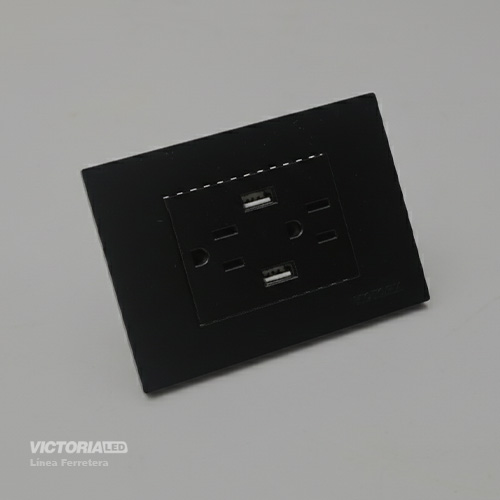 TOMACORRIENTE DOBLE + USB*2 16A 125/250V PC NEGRO 5U/C