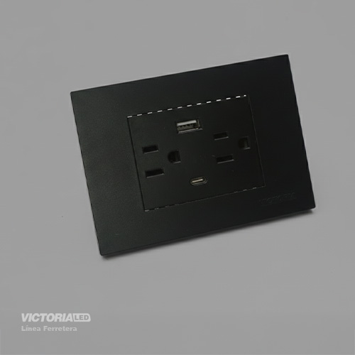 TOMACORRIENTE DOBLE + UBS*1 + TIPO C*1 16A 125/250V PC NEGRO 5U/C