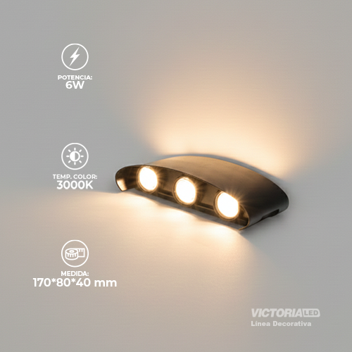 [APV05] APLIQUE DE PARED IP65 6*1W 3000K NEGRO 170*80MM AC85-265V