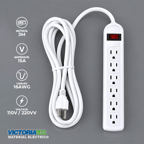 [VLRE-6P 3M] REGLETA ELECTRICA 6 TOMAS CON SUPRESOR DE PICOS 30U/C