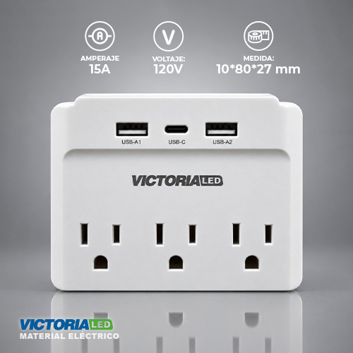 [VLAM-3P USB C] ENCHUFE  MULTIPLE 3 ENTRADAS 2USB-1C