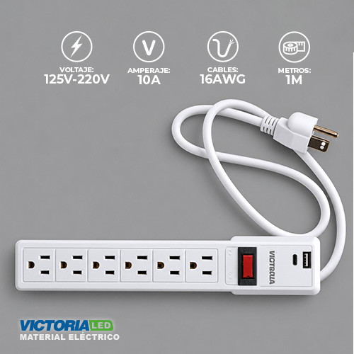 [VLRE-6P USBC 1M] REGLETA 6 PUERTOS 1 METRO DE CABLE 1USB Y 1C